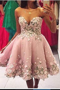 Pink A Line Appliques Sweetheart Strapless Homecoming Dresses, Short Prom Dress