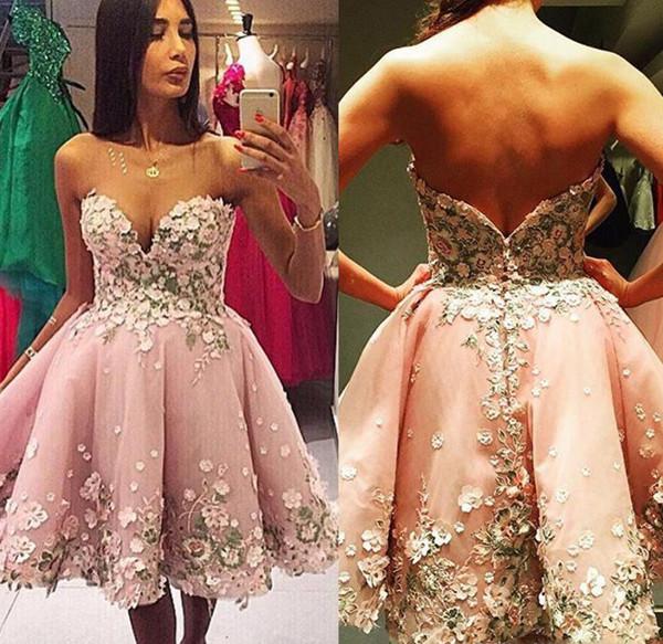 Pink A Line Appliques Sweetheart Strapless Homecoming Dresses, Short Prom Dress