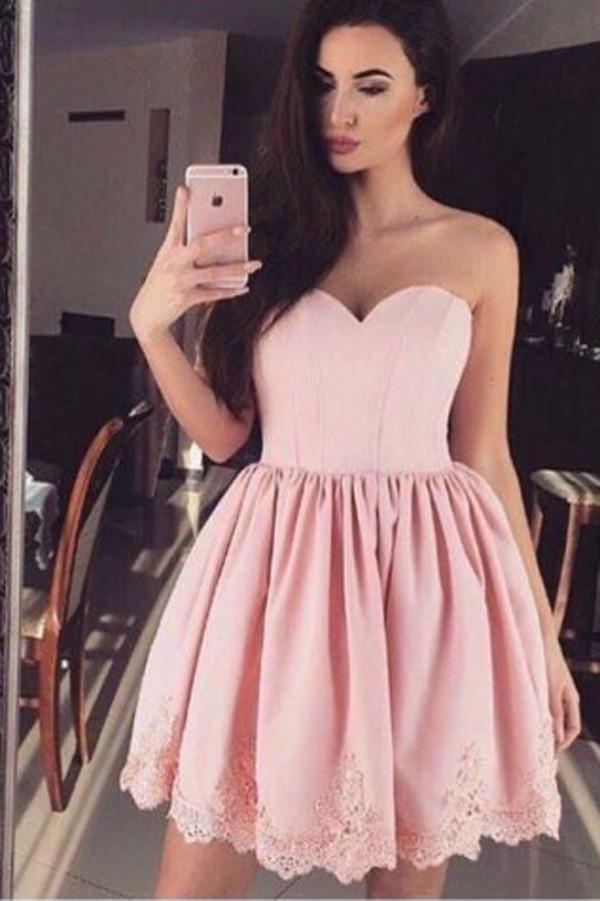 Pink Sweetheart Strapless Sleeveless Appliques Homecoming Dresses