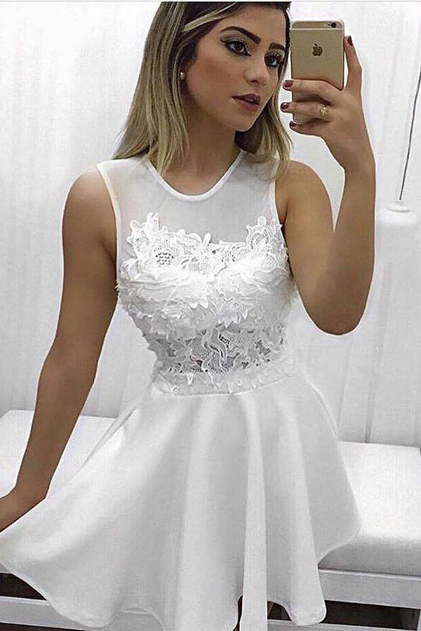 White A-line Sheer Back Homecoming Dress, Party Dresses with Appliques