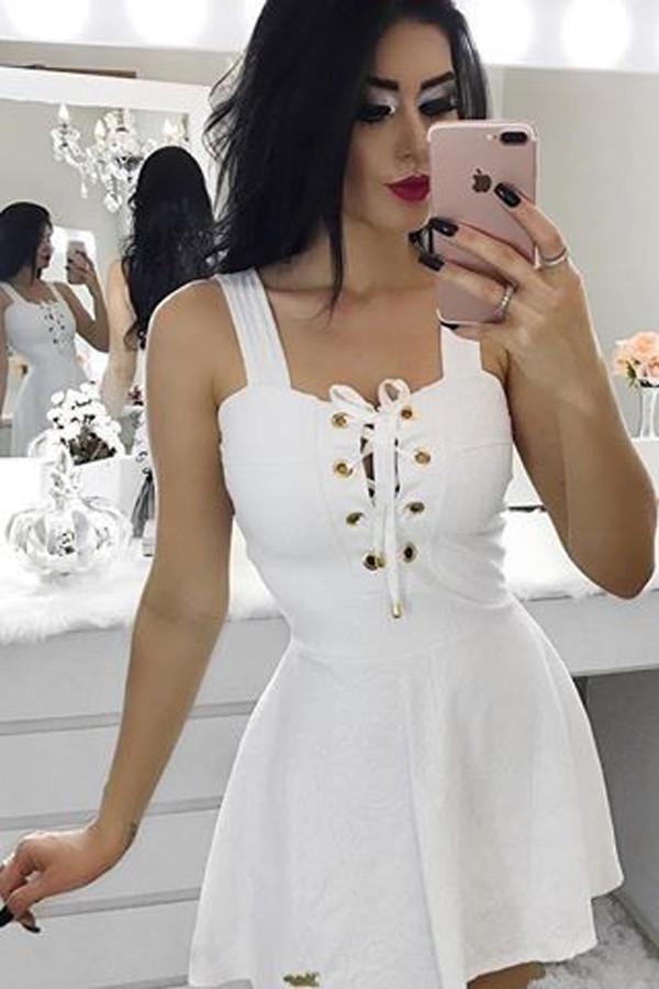 White Satin A-Line Square Neck Simple Short Prom Dress, Homecoming Dresses