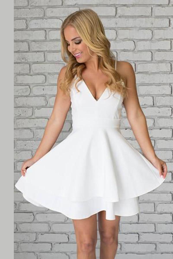 White Simple V Neck Spaghetti Straps Satin Homecoming Dresses for Teens