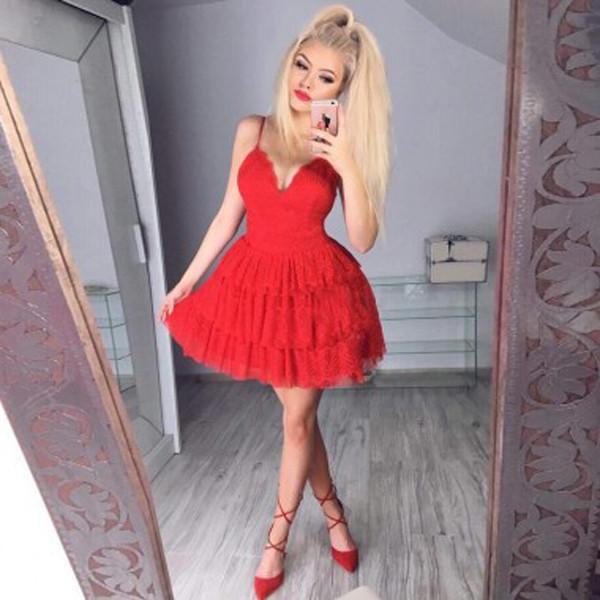 Red V Neck Spaghetti Straps Ruffles Homecoming Dress, Graduation Dress
