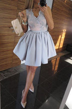 Light Lavender Deep V Neck Appliques Cheap Homecoming Dress, Party Dresses