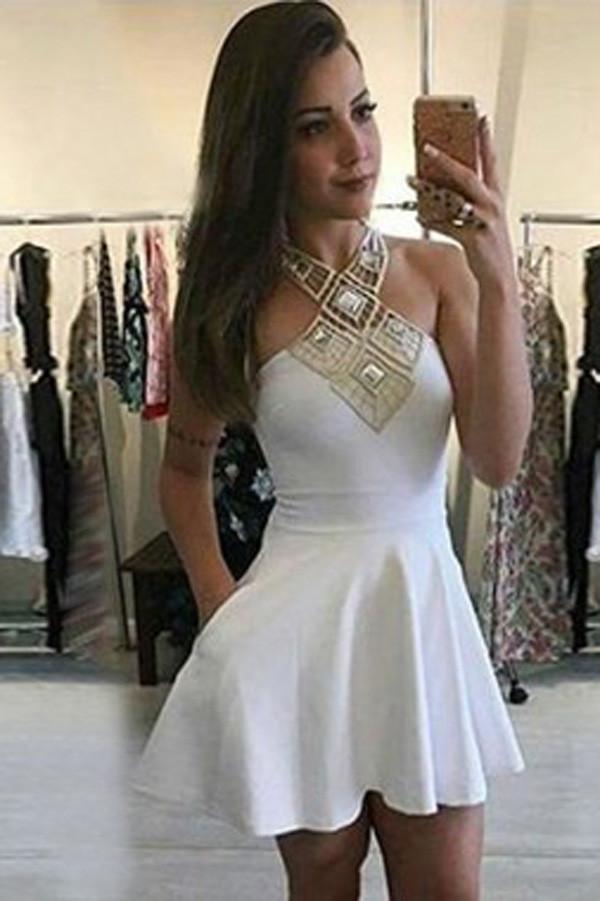 Unique White Halter Strapless Satin Tie Back Homecoming Dresses