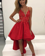 Hot Red Deep V Neck Spaghetti High Low Cheap Homecoming Dress, Party Dress