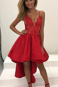 Hot Red Deep V Neck Spaghetti High Low Cheap Homecoming Dress, Party Dress