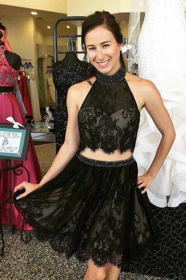 Two Piece Black Halter Lace Open Back Homecoming Dress With Appliques