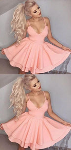Pink Simple V neck Spaghetti Straps Homecoming Dresses, Short Prom Dresses