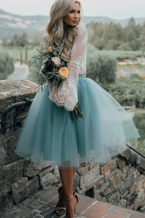 Two-Piece Tutu Skirt White Tulle Lace Long Sleeves Homecoming Dresses