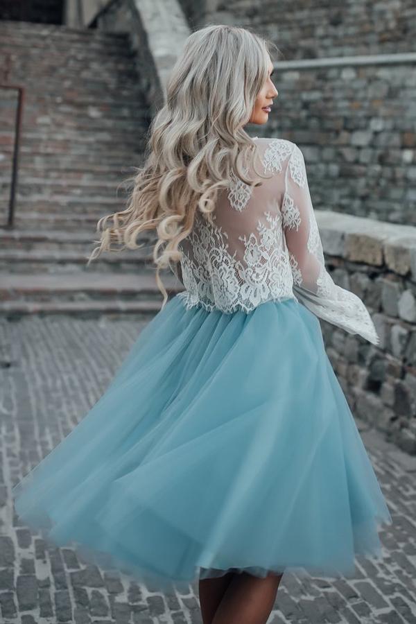 Two-Piece Tutu Skirt White Tulle Lace Long Sleeves Homecoming Dresses