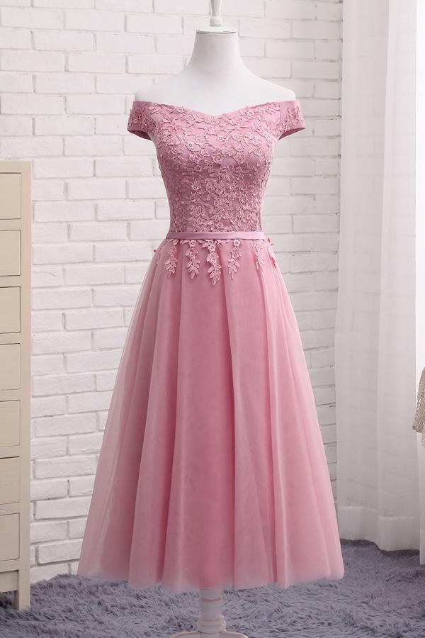 Pink Off Shoulder A Line Lace Short Prom Dresses, Evening Dresses