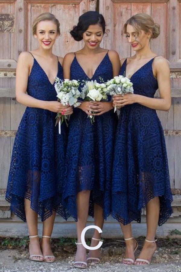Royal Blue Lace V Neck Spaghetti Straps Bridesmaid Dress, Homecoming Dress
