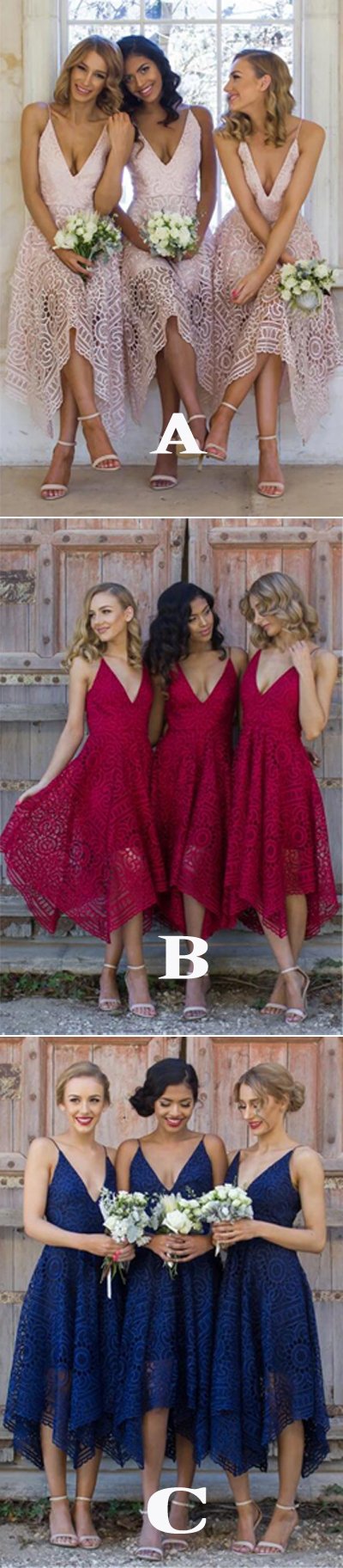 Royal Blue Lace V Neck Spaghetti Straps Bridesmaid Dress, Homecoming Dress