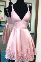 Red A-Line Deep V-Neck Satin Homecoming Dress, Short Prom Dresses, MH302
