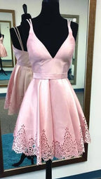 Red A-Line Deep V-Neck Satin Homecoming Dress, Short Prom Dresses, MH302