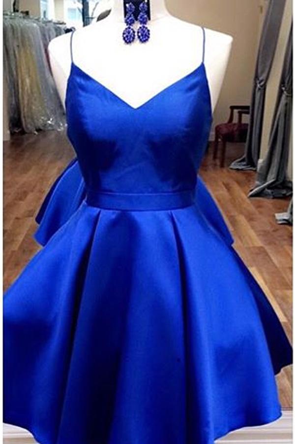 Royal Blue Spaghetti Straps V neck Homecoming Dresses with Ribbon