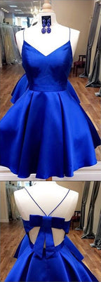 Royal Blue Spaghetti Straps V neck Homecoming Dresses with Ribbon