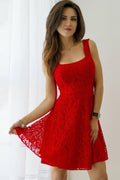 Red Square Neck V Back Lace Up Homecoming Dress with Appliques, MH306