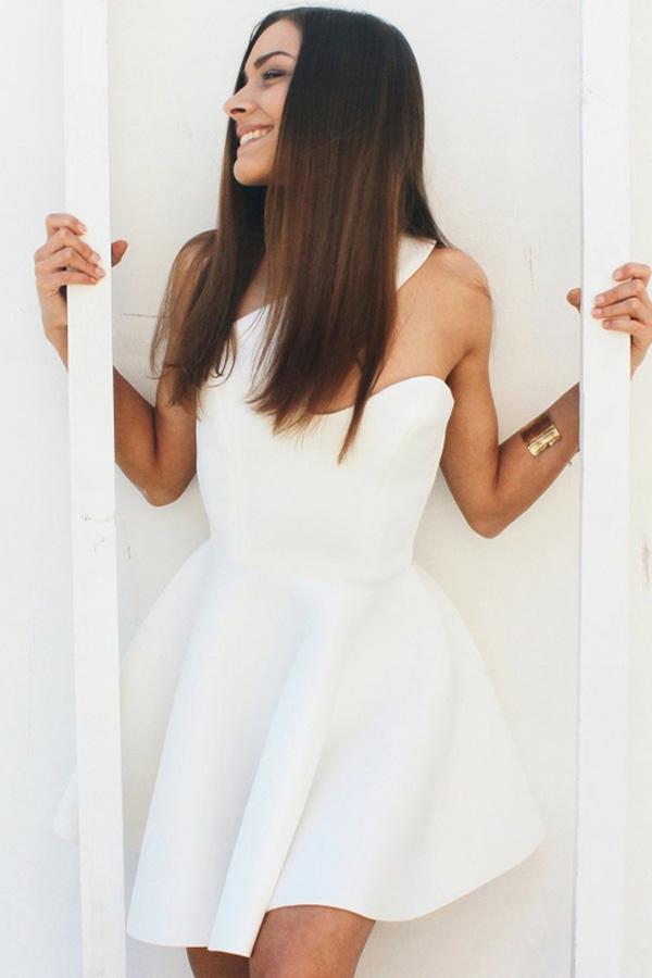 White Sleeveless One Shoulder Simple Satin Homecoming Dresses