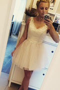Ivory V Neck Sleeveless Homecoming Dresses Short Prom Dress with Appliques