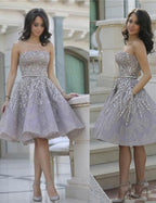 Gray Straight Strapless Sparkle Mid Prom Dress, Cute Homecoming Dresses
