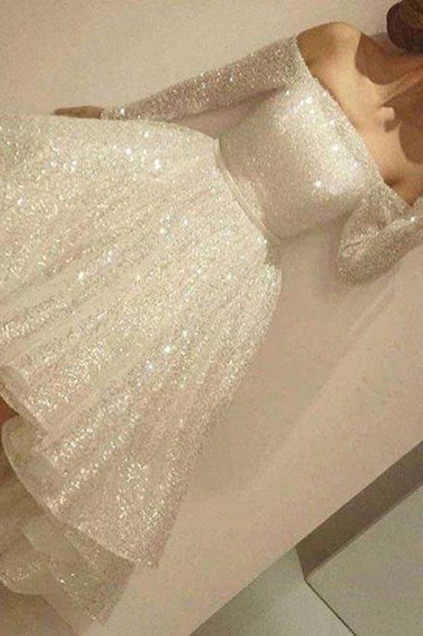 Shinning Off Shoulder A-line Homecoming Dresses Asymmetrical PromDress Short,