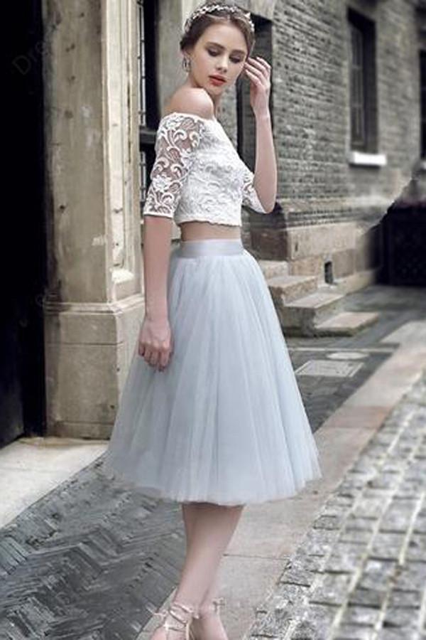 Lace Two Pieces Off Shoulder Half Sleeves Short Homecoming Dresses