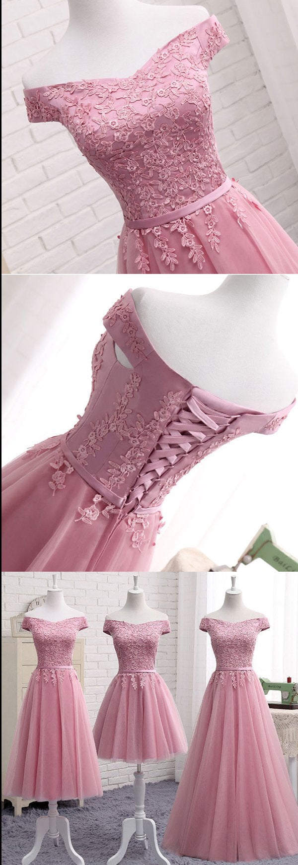 Pink Off Shoulder A Line Lace Short Prom Dresses, Evening Dresses