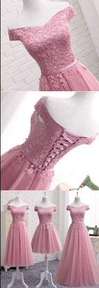 Pink Off Shoulder A Line Lace Short Prom Dresses, Evening Dresses