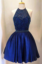 Royal Blue Taffeta High Neck Beaded Halter Homecoming Dresses