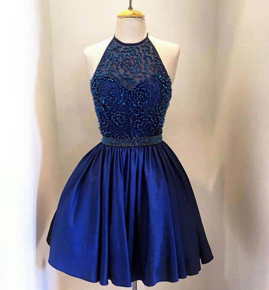 Royal Blue Taffeta High Neck Beaded Halter Homecoming Dresses
