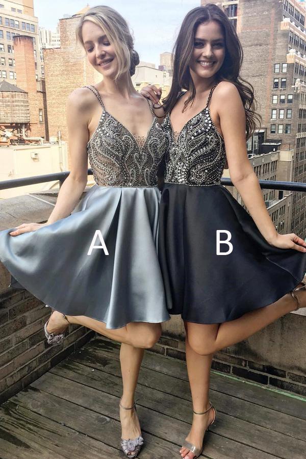 Silver A Line V Neck Spaghetti Straps Short Prom Dress Homecoming Dresses