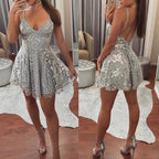 Silver Short Spaghetti Straps V-neck Mini Lace Homecoming Dresses for Teens