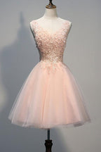 Blush Pink Backless V-neck Lace Beaded Homecoming Dresses, Short Prom Dress