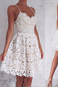 Ivory A-Line Spaghetti Straps Lace-Up Short Prom Dress, Homecoming Dress