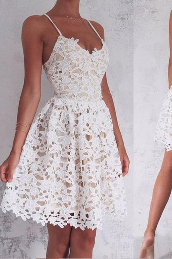 Ivory A-Line Spaghetti Straps Lace-Up Short Prom Dress, Homecoming Dress
