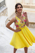 Charming Yellow Floral Satin Illusion Back Daffodil Homecoming Dresses