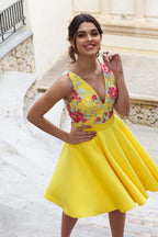 Charming Yellow Floral Satin Illusion Back Daffodil Homecoming Dresses