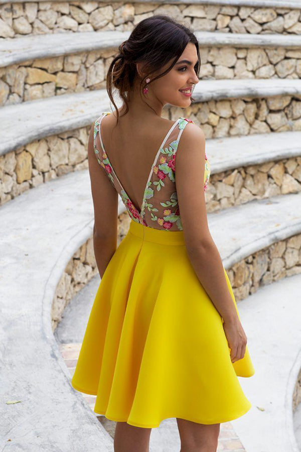 Charming Yellow Floral Satin Illusion Back Daffodil Homecoming Dresses