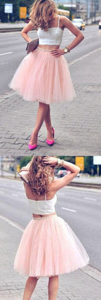Pink Spaghetti-Strap Two Piece A-line Tulle Short Homecoming Dresses
