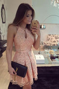 Luxury Halter Retro Tulle Lace Homecoming Dresses, Short Prom Dress