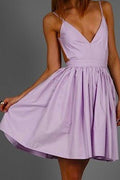 Simple Lilac Spaghetti Straps V neck Homecoming Dress, Short Prom Dress