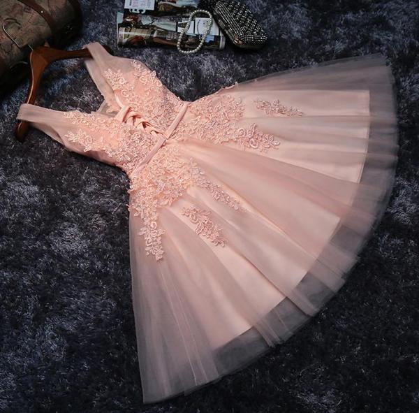 Blush Pink Short Bridesmaid Dress, Lace Appliqued Tulle Homecoming Dresses