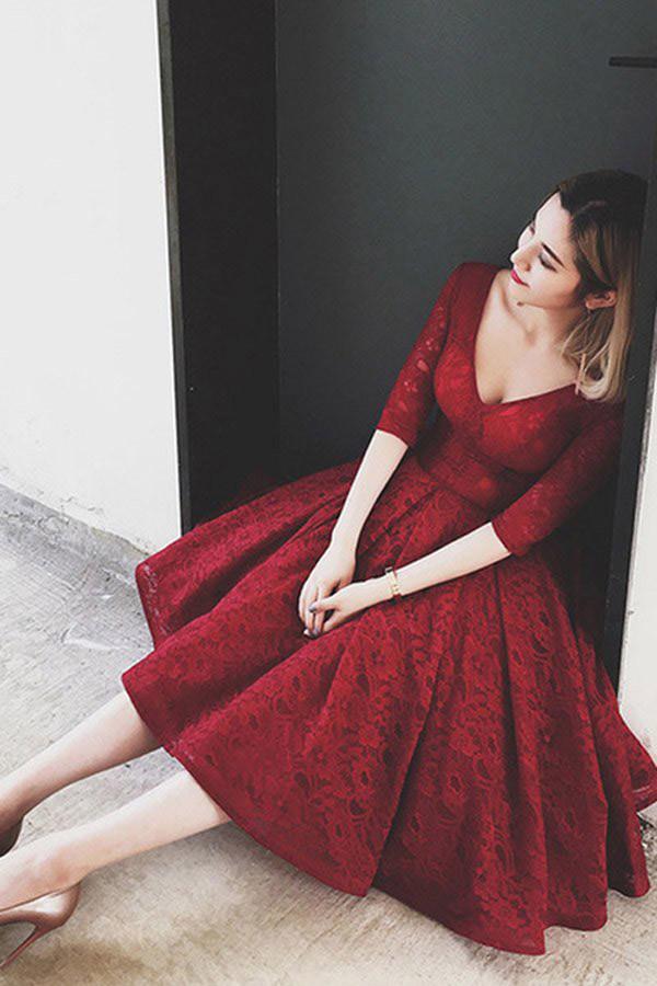 Burgundy Half Sleeves Lace V Neck Homecoming Dress Short Prom Dress