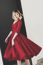 Burgundy Half Sleeves Lace V Neck Homecoming Dress Short Prom Dress