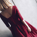 Burgundy Half Sleeves Lace V Neck Homecoming Dress Short Prom Dress