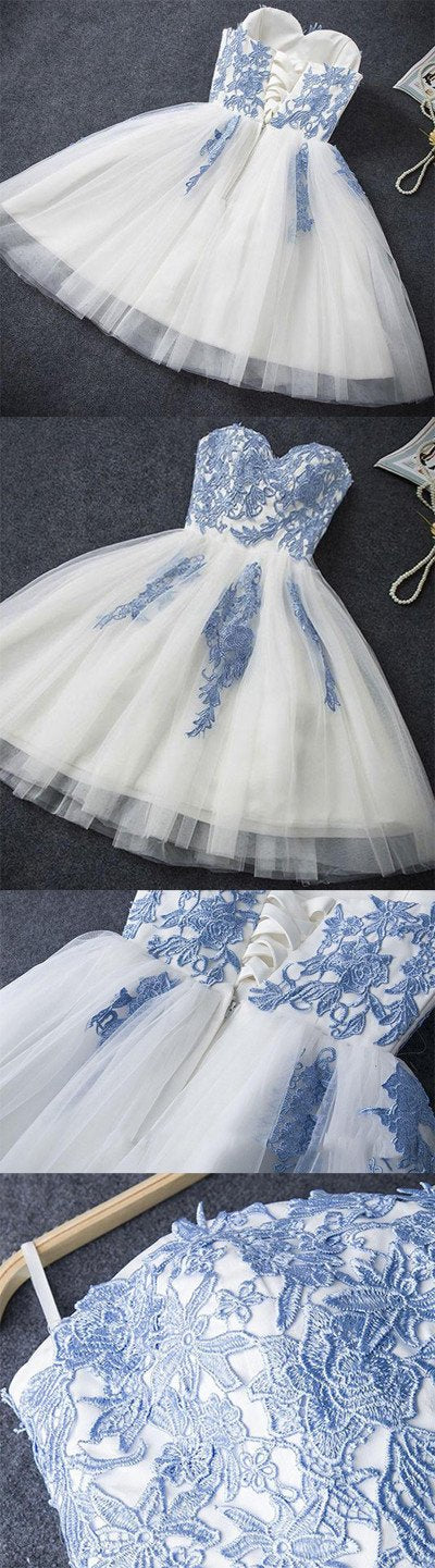 Blue Tulle A-line Strapless Short Prom Dress, Cheap Homecoming Dress