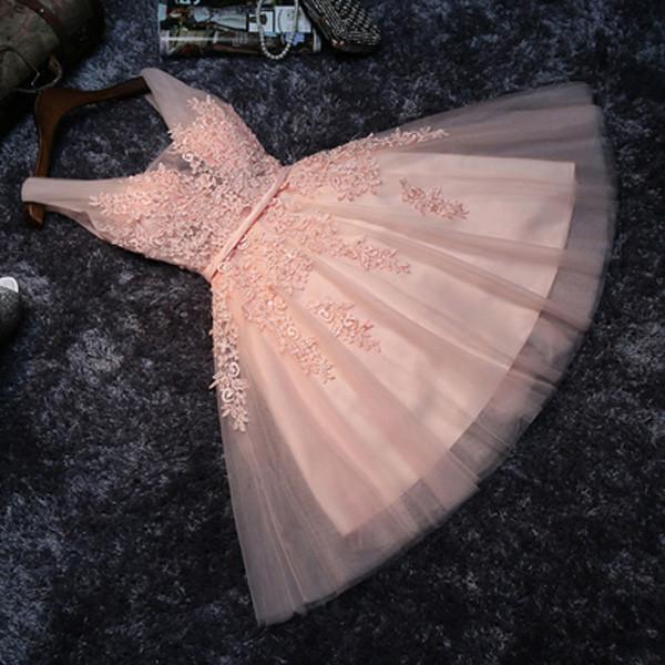 Blush Pink Short Bridesmaid Dress, Lace Appliqued Tulle Homecoming Dresses