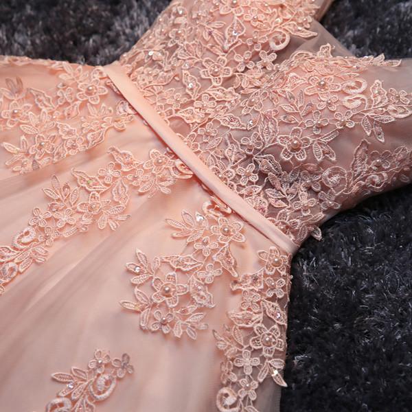 Blush Pink Short Bridesmaid Dress, Lace Appliqued Tulle Homecoming Dresses